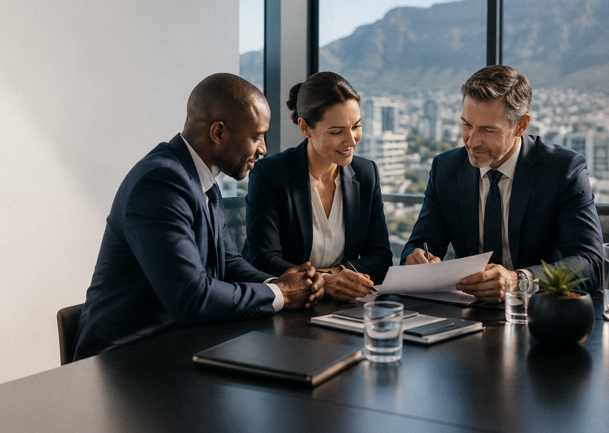 Financial advisers meeting with clients in a modern office